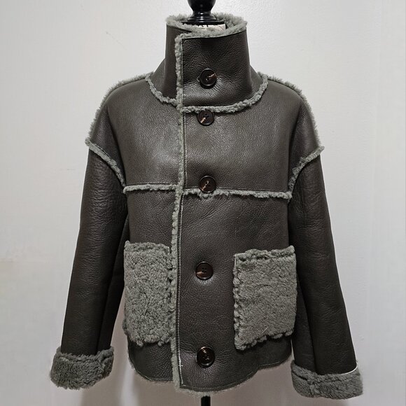 NewReal Merino Sheepskin Lamb Leather Fur Coat Jacket Khaki Green Olive Military - Picture 1 of 7